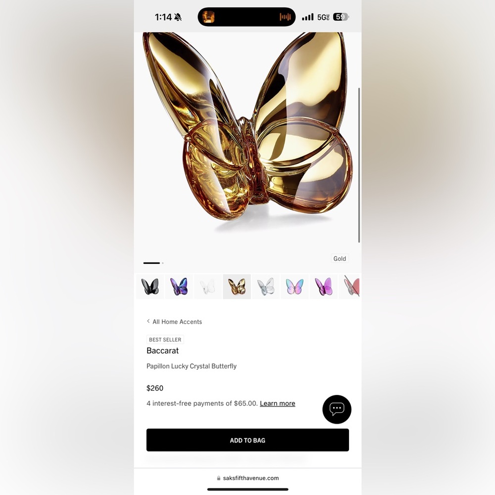 Baccarat Gold Crystal Butterfly Decor Accent